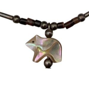 Vintage Zuni Abalone Bear Pendant Beaded Necklace 15" L